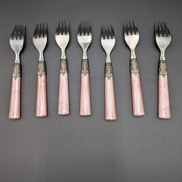 Gibson Roseland Salad Forks Set of 7 Pearlescent Pink Handles Ornate Vintage - Picture 2 of 8
